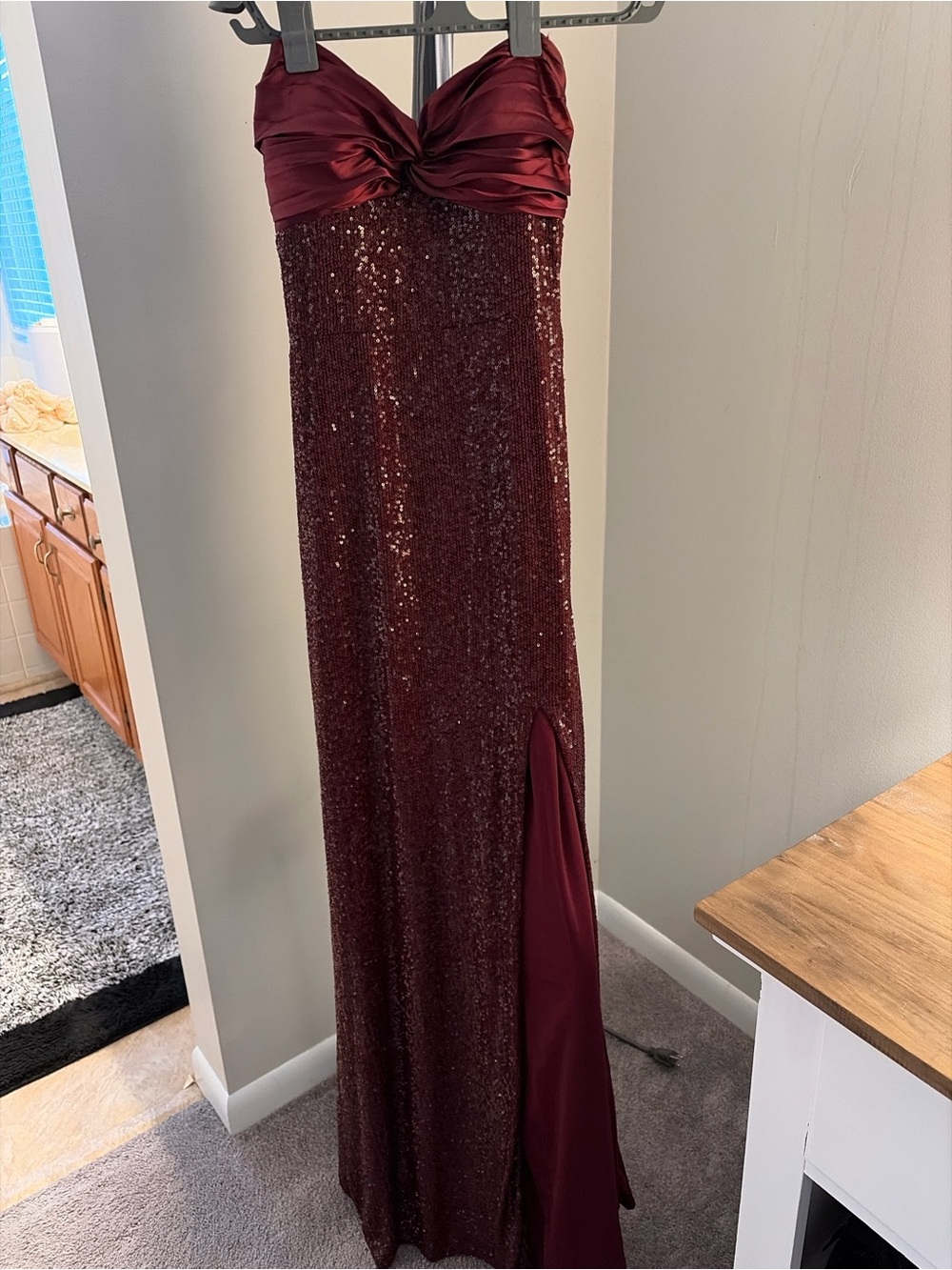 Strapless Sequin Column Skirt in Burgundy